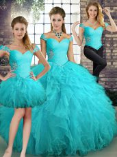 Dazzling Off The Shoulder Sleeveless Quinceanera Gown Floor Length Beading and Ruffles Aqua Blue Tulle