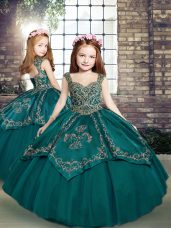 Sleeveless Floor Length Beading and Embroidery Lace Up Little Girl Pageant Dress with Teal