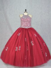 Fitting Halter Top Sleeveless Lace Up Sweet 16 Dresses Red Tulle