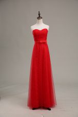 Attractive Sleeveless Tulle Floor Length Zipper Homecoming Dress in Red with Ruching and Belt