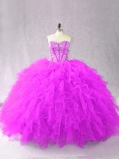 High Quality Purple Tulle Lace Up Sweet 16 Dress Sleeveless Floor Length Beading and Ruffles