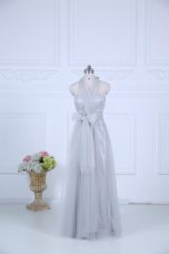 Sweet Tulle Halter Top Sleeveless Zipper Ruching Wedding Party Dress in Grey