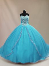 Elegant Aqua Blue Ball Gowns Tulle Sweetheart Sleeveless Beading Lace Up Vestidos de Quinceanera Court Train