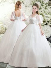 Designer White Straps Lace Up Beading and Appliques Wedding Gown Half Sleeves