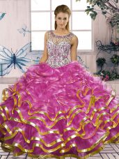 Glamorous Scoop Sleeveless Lace Up Quinceanera Gown Fuchsia Organza