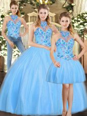 Halter Top Sleeveless Quinceanera Gown Floor Length Embroidery Baby Blue Tulle