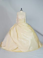 Yellow Ball Gowns Taffeta High-neck Long Sleeves Lace Lace Up Ball Gown Prom Dress Brush Train