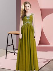 Beading and Ruching Prom Dress Olive Green Lace Up Cap Sleeves Floor Length