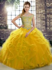 Fantastic Gold Ball Gown Prom Dress Military Ball and Sweet 16 and Quinceanera with Beading and Ruffles Off The Shoulder Sleeveless Brush Train Lace Up