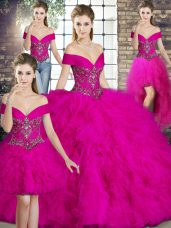Affordable Floor Length Fuchsia Ball Gown Prom Dress Off The Shoulder Sleeveless Lace Up