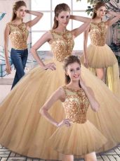 Perfect Sleeveless Tulle Floor Length Lace Up Quinceanera Dress in Gold with Beading