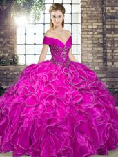 Fuchsia Ball Gowns Organza Off The Shoulder Sleeveless Beading and Ruffles Floor Length Lace Up 15th Birthday Dress