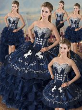 Fantastic Navy Blue Sweetheart Neckline Embroidery and Ruffles 15th Birthday Dress Sleeveless Lace Up