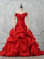 Deluxe Red Taffeta Lace Up Quinceanera Dresses Sleeveless Court Train Pick Ups and Hand Made Flower
