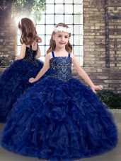 Lovely Straps Sleeveless Girls Pageant Dresses Floor Length Beading and Ruffles Blue Organza