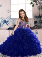 On Sale Royal Blue Ball Gowns Scoop Sleeveless Organza Floor Length Lace Up Beading and Ruffles Little Girl Pageant Dress