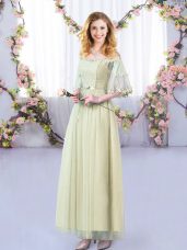 Captivating Yellow Green Tulle Side Zipper Court Dresses for Sweet 16 Half Sleeves Floor Length Lace and Belt
