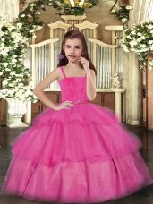Hot Pink Lace Up Straps Ruffled Layers Casual Dresses Tulle Sleeveless