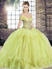 Luxury Yellow Green Lace Up Quince Ball Gowns Beading and Ruffles Sleeveless Floor Length