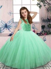 Scoop Sleeveless Party Dresses Mini Length Beading Apple Green Tulle