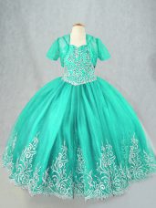 Ball Gowns Child Pageant Dress Turquoise Spaghetti Straps Tulle Sleeveless Floor Length Lace Up