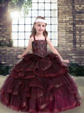 Excellent Burgundy Tulle Lace Up Straps Sleeveless Floor Length Girls Pageant Dresses Beading and Ruffles