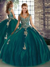 Floor Length Peacock Green Quinceanera Gowns Straps Sleeveless Lace Up