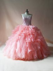 Perfect Sleeveless Lace Up Floor Length Beading and Ruffles Ball Gown Prom Dress