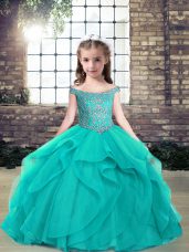 Custom Fit Teal Sleeveless Floor Length Beading Lace Up Pageant Dress for Teens