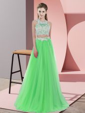 Luxury Green Two Pieces Tulle Halter Top Sleeveless Lace Floor Length Zipper Bridesmaids Dress
