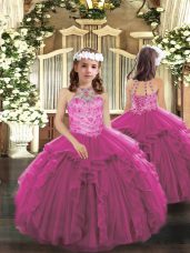 Dazzling Tulle Halter Top Sleeveless Lace Up Beading and Ruffles Kids Pageant Dress in Fuchsia