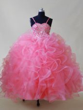Tulle Spaghetti Straps Sleeveless Lace Up Beading and Ruffles Evening Gowns in Pink