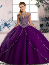 Discount Cap Sleeves Brush Train Beading Lace Up Quinceanera Dresses