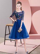Empire Bridesmaid Dresses Royal Blue Scoop Tulle Half Sleeves Knee Length Lace Up
