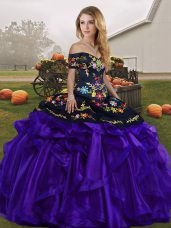 Flare Off The Shoulder Sleeveless 15th Birthday Dress Floor Length Embroidery and Ruffles Black And Purple Organza