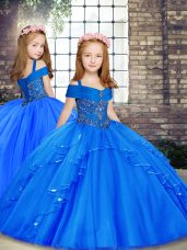 Pretty Blue Straps Neckline Beading Child Pageant Dress Sleeveless Lace Up
