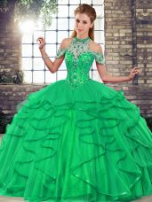 Dazzling Green Ball Gowns Beading and Ruffles Sweet 16 Dress Lace Up Tulle Sleeveless Floor Length