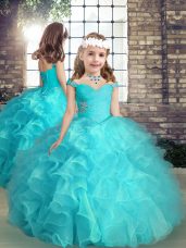 Aqua Blue Ball Gowns Organza Straps Sleeveless Beading and Ruffles High Low Lace Up Little Girl Pageant Gowns