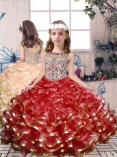 Modern Beading and Ruffles Little Girl Pageant Dress Red Lace Up Sleeveless Floor Length
