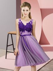 Most Popular Lavender Tulle Lace Up V-neck Sleeveless Knee Length Bridesmaid Dress Appliques