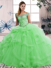 Customized Green Ball Gowns Beading and Ruffles 15th Birthday Dress Lace Up Tulle Sleeveless Floor Length