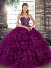 Organza Sweetheart Sleeveless Lace Up Beading and Ruffles Quinceanera Dresses in Purple