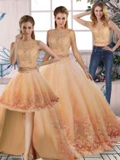 Attractive Peach Three Pieces Scalloped Sleeveless Tulle Sweep Train Backless Lace Sweet 16 Quinceanera Dress