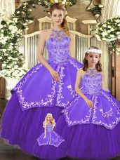 Purple Ball Gowns Halter Top Sleeveless Satin and Tulle Floor Length Lace Up Beading and Embroidery Quinceanera Dresses