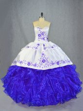 Hot Sale Blue And White Ball Gown Prom Dress Organza Brush Train Sleeveless Beading and Embroidery and Ruffles