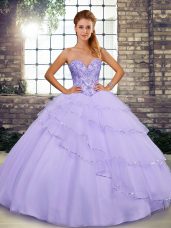 Chic Lavender Sweetheart Lace Up Beading and Ruffled Layers 15th Birthday Dress Brush Train Sleeveless