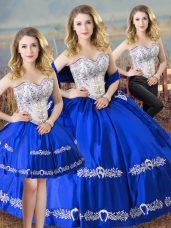 Fantastic Royal Blue Lace Up Sweetheart Beading and Embroidery Quinceanera Gown Satin Sleeveless