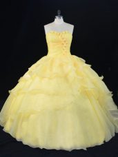 Extravagant Yellow Organza Lace Up Sweetheart Sleeveless Floor Length Sweet 16 Dresses Hand Made Flower