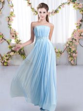 Sleeveless Chiffon Sweep Train Lace Up Quinceanera Court Dresses in Baby Blue with Beading