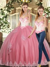 Floor Length Lace Up Sweet 16 Quinceanera Dress Watermelon Red for Sweet 16 and Quinceanera with Beading and Appliques